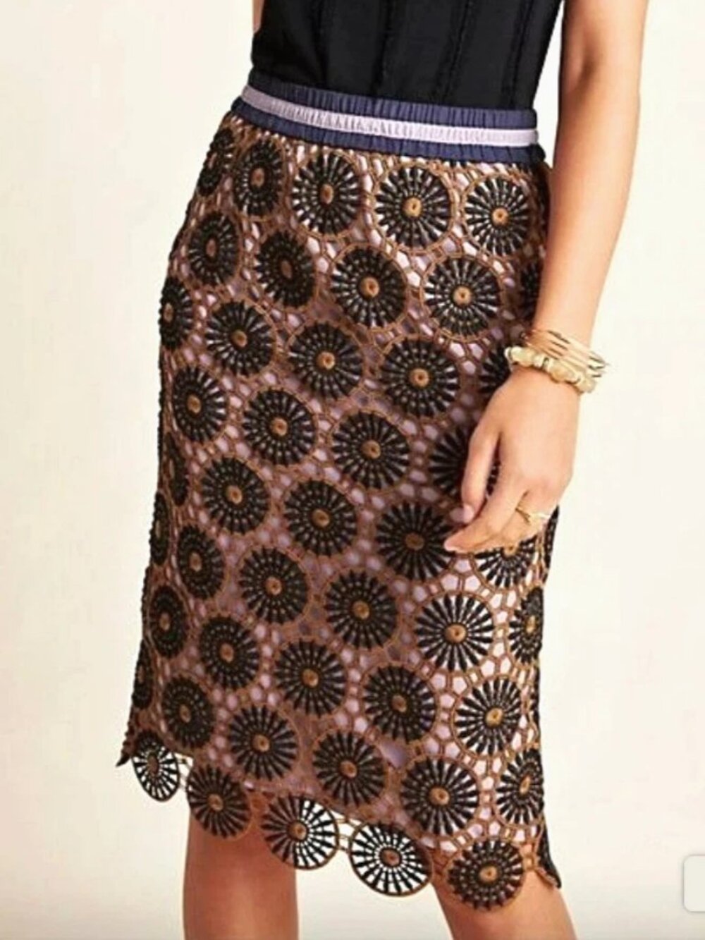 SKIRT size S ANTHROPOLOGIE CURRENT AIR LACE SCALLOPED HEM SIDE STRIPE EXCELLENT